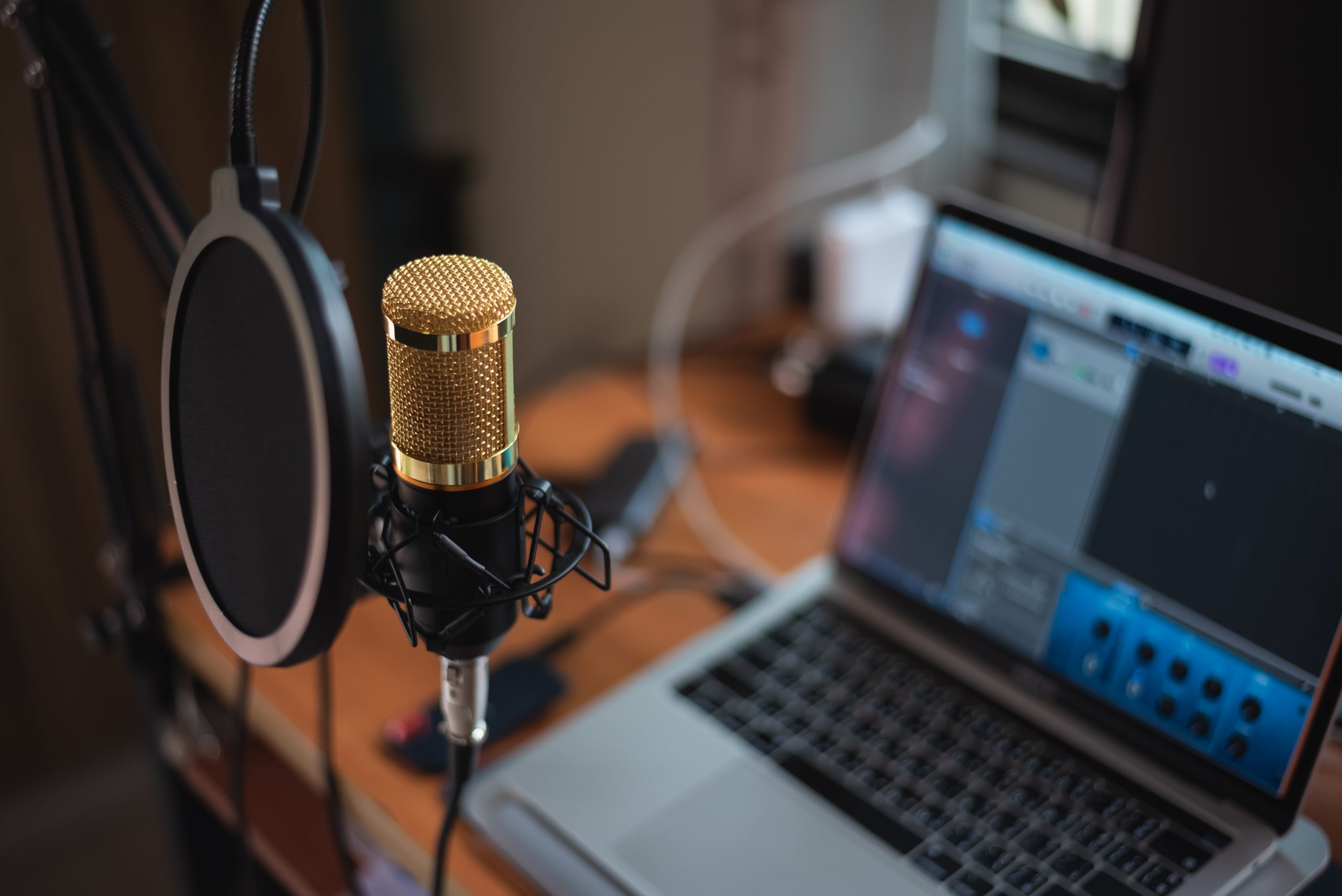 close up of microphone at music studio, music concept